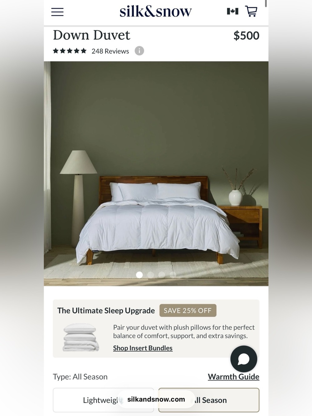 $565 Silk&Snow New! Down Duvet - King/Cal King - All Season